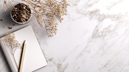 White Marble Desk with Notebook Pencil and Dried Flowers