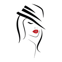 Stylish Woman in Fedora Hat with Red Lips, Minimalist Fashion Vector
