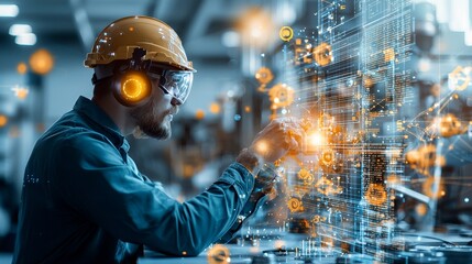 Industrial worker utilizing advanced technology for automation in manufacturing facility modern environment close-up perspective