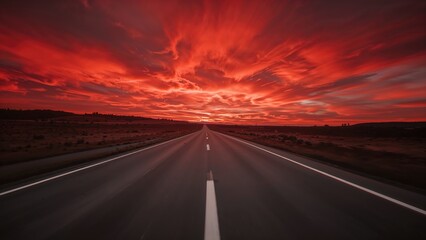 Unclear asphalt path accompanied by a vivid red sky