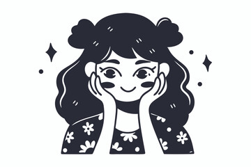 Smiling girl with floral shirt softly holds her face in a monochrome image