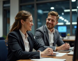 Vertical image of two colleagues collaborate as authentic diverse team in dynamic office Busy businessman and woman engage in candid discussion sharing insights with laughter and focused dialogue 