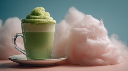 Matcha latte with fluffy cotton candy