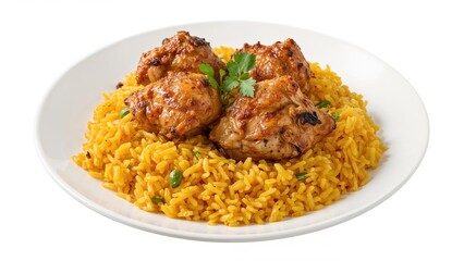 Traditional yellow rice paired with spiced chicken biryani