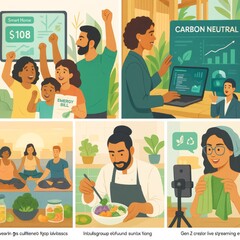 Fototapeta premium Diverse people engaging in eco-friendly habits like saving energy, eating healthy, and promoting sustainability on a warm indoor background