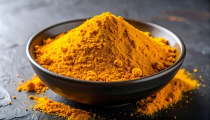 Pile of vibrant yellow turmeric powder in dark bowl on textured surface