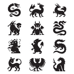 Vector art of a collection of diverse dragon and mythical creature silhouettes, showcasing various forms from different legends and styles