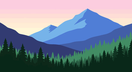 Geometric Mountainscape with Evergreen Forest at Dusk Gradient Sky.