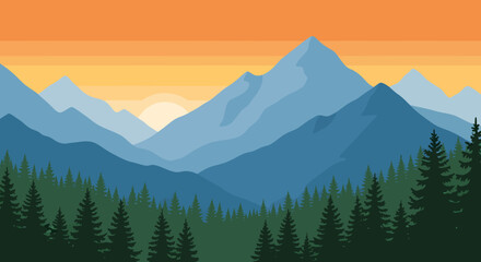 Fototapeta premium Layered Blue Mountain Range Silhouette with Evergreen Forest and Sunset Sky.