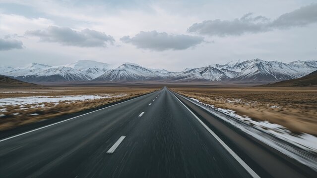 empty road stretching towards distant snow-capped mountains under overcast sky with foreground blurred for depth perception