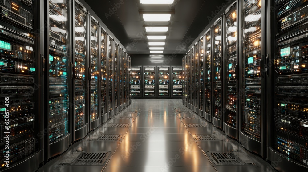 Poster inside a modern data center showing rows of server racks and blinking lights