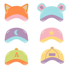Set of cute cap hat hand drawn colorful illustration in glossy bubble style collections
