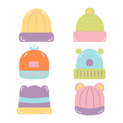 Set of cute winter hat hand drawn colorful illustration in glossy bubble style collections