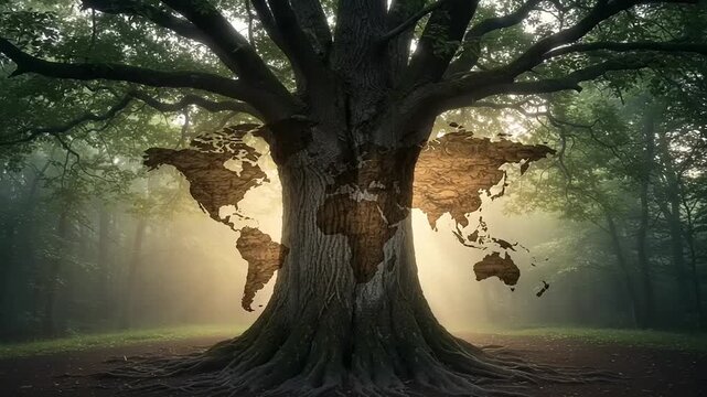 Majestic tree with world map in tranquil forest setting
