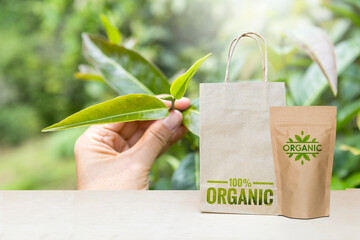 Paper bag with organice logo over Assam tea plantation background, organic tea farming in north of...
