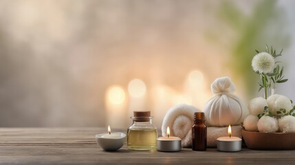 Spa Scene with Herbal Compress and Candles &ndash; Left-Aligned Wellness Setup with Soft Blur and Copy Space
