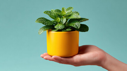 Hand holding small green plant in yellow pot symbolizing growth and care with soft blue background, conveying nurturing and hope in minimalistic style