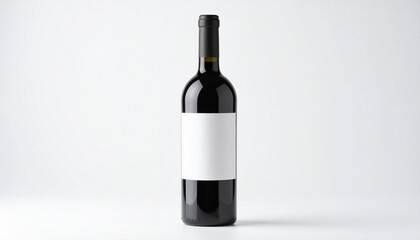 Minimalist wine bottle with blank white label on a dark glass surface, isolated for product branding.