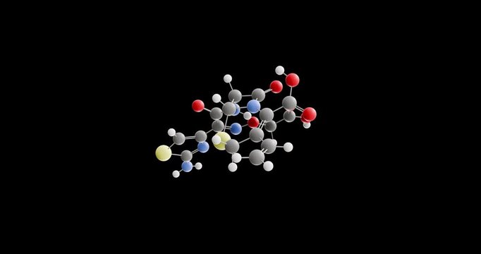 Cefixime molecule, rotating 3D model of antibiotic, looped video on a black background
