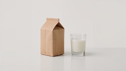 Tabletop in the kitchen holding a milk glass and a box made of cardboard