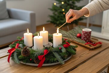 person light white christmas candle in advent wreath with match