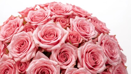 Display of Pink Roses on a Crisp White Canvas. Seasonal Festivity Flower Gift. Magnified Image of Gorgeous Pink Rose Flowers. Ceremony Flower Decoration. Artistic Arrangement with Roses.