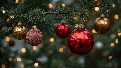 Obraz premium Holiday ornaments in red and gold suspended from a tree branch in a backyard garden. Wishing you a joyful Christmas and prosperous New Year. Festive atmosphere image.