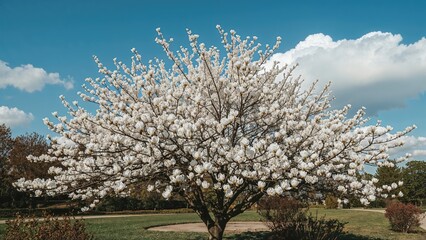Naklejka premium White magnolia blossoms against a clear blue sky in a spring garden