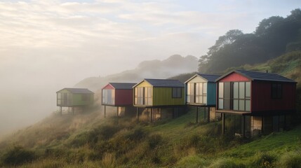Fototapeta premium Colorful modern cabins stand amidst a misty landscape. They offer a beautiful getaway spot for nature lovers. Enjoy the serene views and fresh air. Generative AI