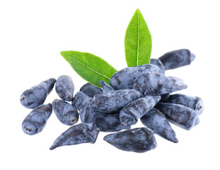 Honeysuckle berry isolated on white background. Fresh honeysuckle blue berry fruits with green leaves. Clipping path.
