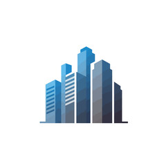 A sleek, abstract graphic design featuring a modern city skyline with geometric blue and gray buildings, symbolizing urban development and corporate growth.