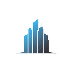 Abstract city skyline logo design, ideal for real estate, construction, or urban development companies; featuring a stylized cluster of skyscrapers in shades of blue, suggesting growth and modernity.