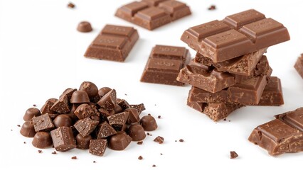 Broken milk chocolate bar stack with melted cubes and small blocks piled on a white background, showcasing different chocolate shapes and textures.