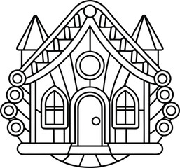 Black outline of a house decorated with Christmas lights Vector illustration