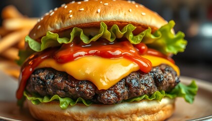 hamburger, cheeseburger, fast food, sesame seed bun, beef patty, lettuce, tomato, onion, pickle, cheese, ketchup, mustard, close-up, photorealistic, hyper-detailed

