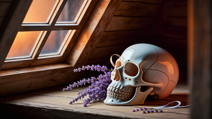 Ceramic skull with lavender flowers on wooden windowsill in attic  