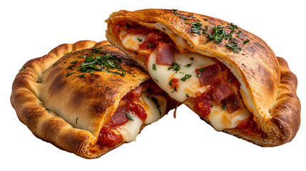 Two delicious calzones with melted cheese and herbs isolated on transparent background