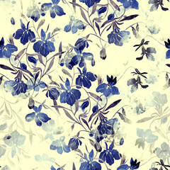 Vintage colored flowers and leaves. Boho chic floral seamless pattern, endless motif in watercolour and digital. Mixed media botanical design for textile, fabric, packaging, decoupage, souvenirs.