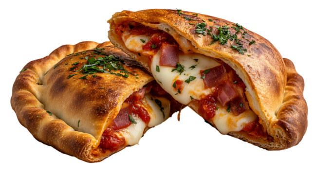 Two delicious calzones with melted cheese and herbs isolated on transparent background