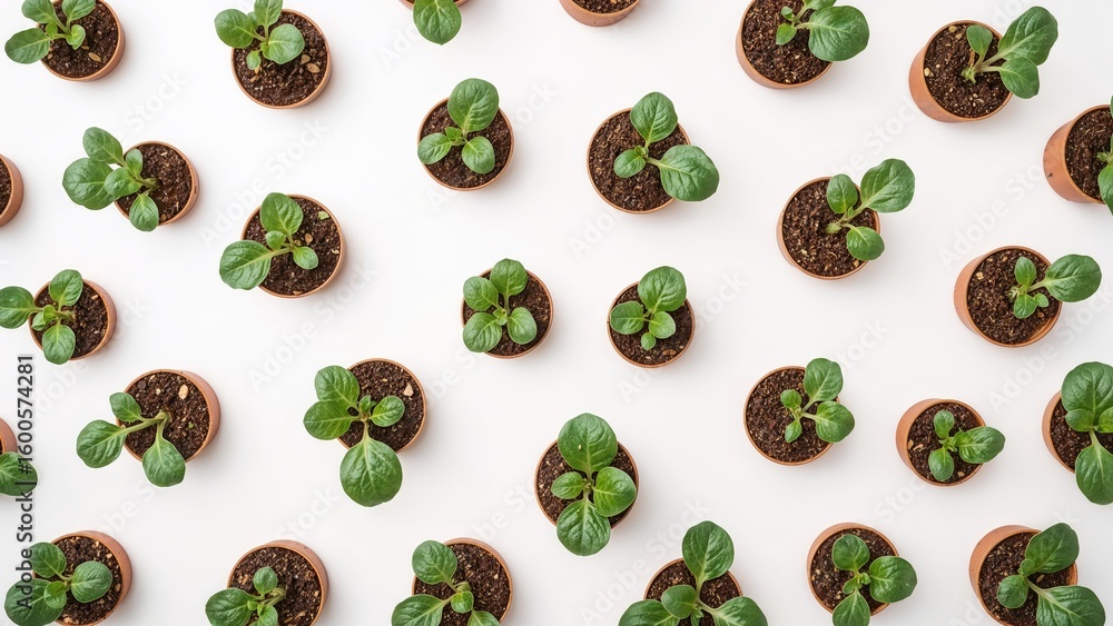 Poster seedlings of cabbage in pots viewed from above with room for text. gardening concept.