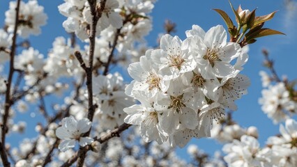White cherry flowers flourishing beneath a vivid blue sky