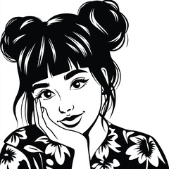 Monochrome woman with space buns and floral shirt smiles resting her face on hand