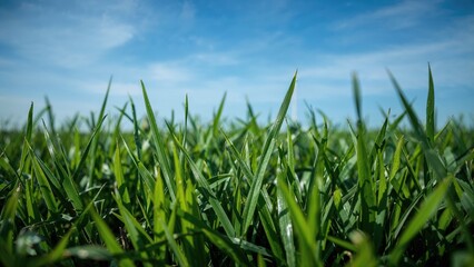 Fototapeta premium Zoomed-in view of green grass on a sports field with painted lines