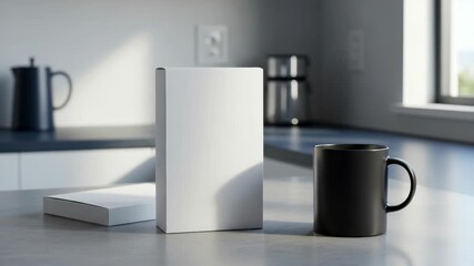 White box mockup presents blank package next to black mug on clean kitchen counter. White box mockup invites creativity, showcasing minimalist packaging design and simple mug. - Powered by Adobe