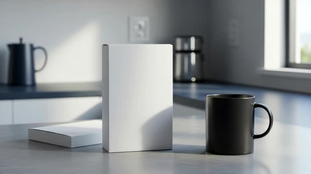 White box mockup presents blank package next to black mug on clean kitchen counter. White box mockup invites creativity, showcasing minimalist packaging design and simple mug.