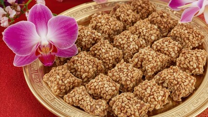 Assorted peanut and sesame snack bars presented on a decorative gold tray accompanied by an orchid flower, suitable for weddings and festive occasions.