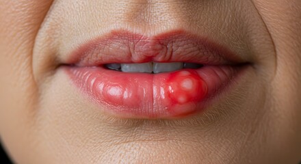 Obraz premium mouth ulcer, mouth sore on a womans lip, perfect for dental health presentations, medical brochures, or pharmacy ads.