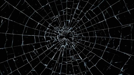 Fototapeta premium Impact point causing spiderweb cracks on black glass, highlighted by a bold contrast overlay pattern.