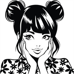 Young stylish woman with space buns holds her face in black and white