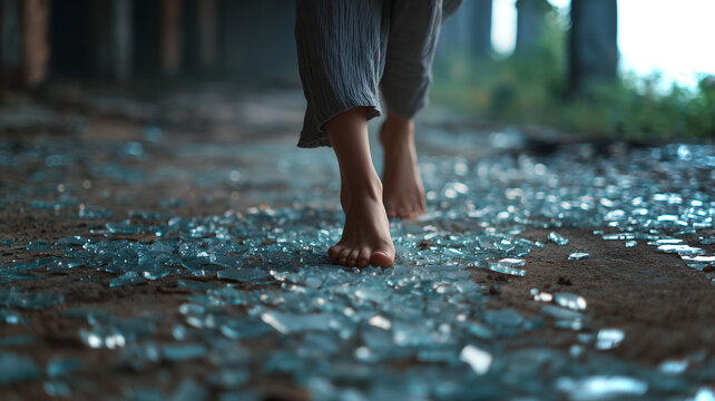 This person walks barefoot over broken glass, symbolizing emotional pressure and inner turmoil.